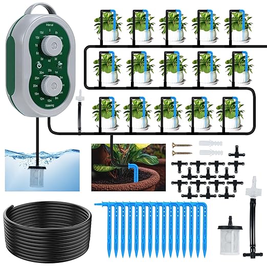 WIOR Automatic Plant Waterer Drip Irrigation System Kit for 15 Potted Plants, Indoor Self Watering System Plant Watering Devices with Programmable Water Timer for Garden Balcony Greenhouse Vacation