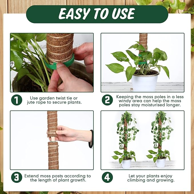 30 Pcs Moss Pole for Plants Monstera 16.5 Inch Coir Poles Bendable Monstera Plant Support with 10 Pcs 6.56 Feet Jute Rope and 6.56 Feet Green Plant Tape for Indoor Outdoor Climbing Plants Growth