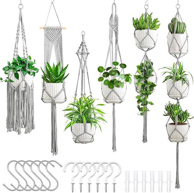 SFENNGPET Macrame Plant Hangers, 6Pack Hanging Planters for Indoor Plants w/ 6 Set Hangers Kit Handmade Macromay Plant Hangers Indoor Flower Pots Holder Stand for Boho Home Décor (POTS NOT Included)