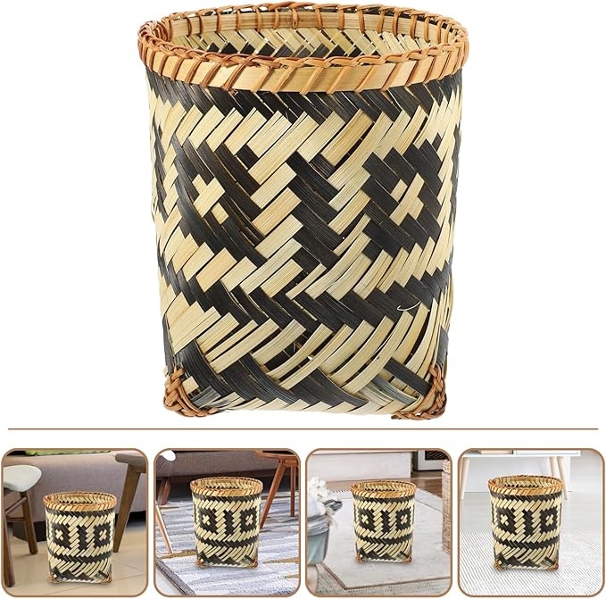 Zerodeko Rattan Trash Can Willow Wastebasket Round Wicker Storage Baskets Woven Picnic Laundry Hamper Seagrass Planter Woven Flower Pot Garbage Bin Rustic Decor 21cm