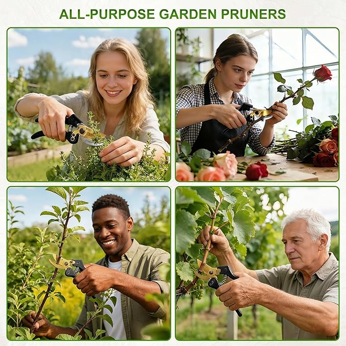 Pruning Shears, Sharp Clean Cut SK5 Steel 8" Garden Clippers with Teflon Blade, Bypass Hand Pruners, Ergonomic Non-Slip Grip for Roses, Shrubs & Plants