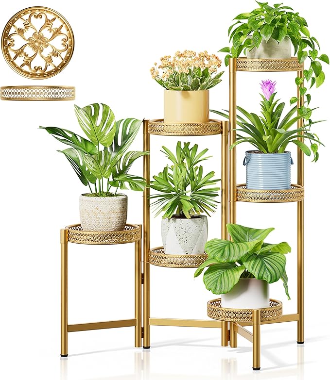 7 Tiered Metal Corner Plant Stand Indoor Outdoor, Tall Large Folding Rack with Rust Proof 10 Inch Wide Tray, Heavy Duty Flower Shelf for Multiple Plants for Patio - GoldWave