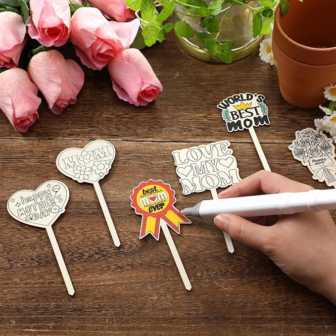 DoubleFill 15 Pcs Mother's Day Crafts Mom Plant Stakes Craft Kits Color Your Own Best Mom Plant Labels Gift DIY Unfinished Cutouts Present Tags for Mother's Day, Gardeners, Funny Gardening Gifts