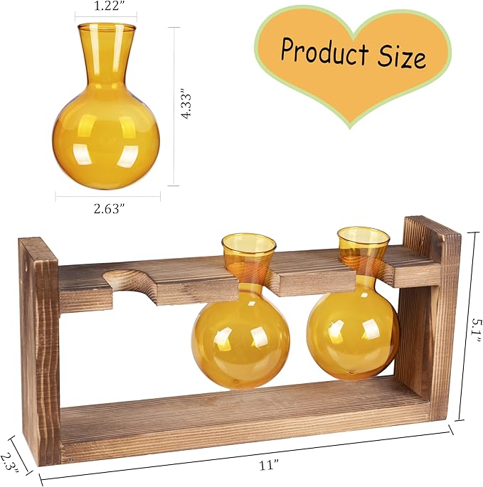 Kingbuy Glass Plant Terrarium Propagation Station - 3 Bulb Colored Vases with Retro Wood Stand Indoor Garden Planter - Wall Mount Desktop Decor for Home Kitchen Wedding, Plant Lover Gift, Amber