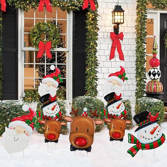 3 Pack Metal Christmas Yard Signs Decor for Multiple Stacked, Christmas Yard Stakes with Santa Claus Snowman Elk Fall Yard Decor for Outside Garden Yard Lawn Porch