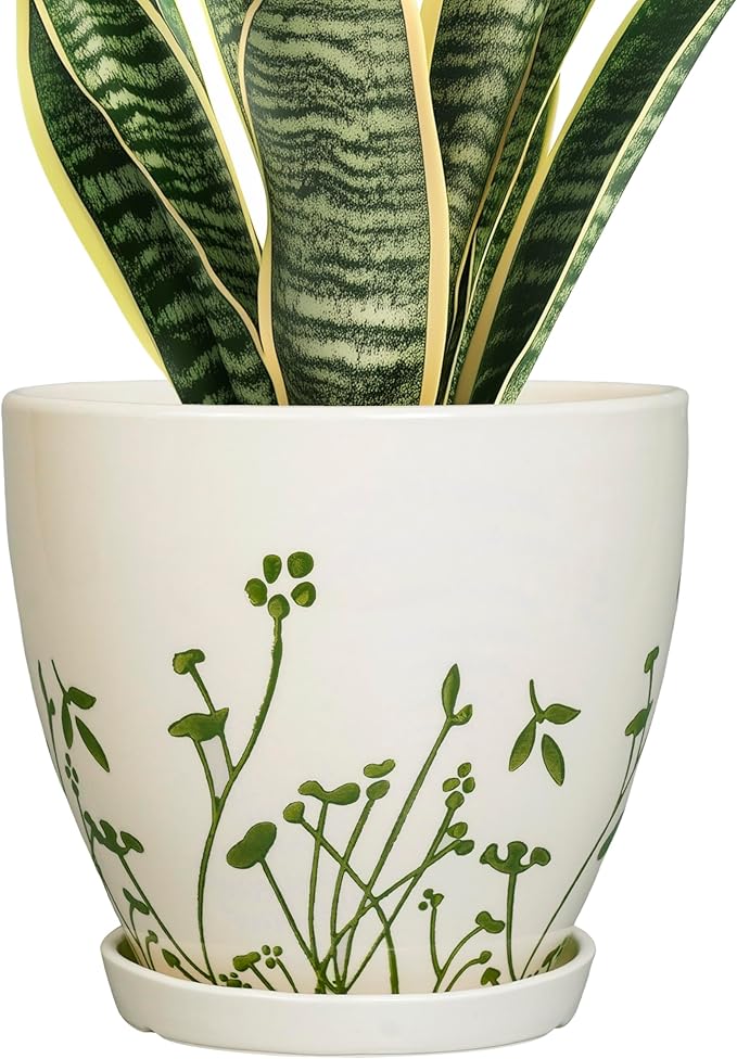 MPotTo Indoor Plant Pot 8.2 Inch - Ceramic Planter with Drainage Hole and Saucer, Boho Round Decorative Flower Pot for Indoor Outdoor Flowers, Plant Lover Gifts, Office Home Garden Patio Decor, White
