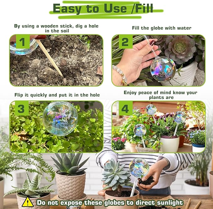 Self Watering Globes, Glass Rainbow Plant Watering Globes, Self Watering Planter Insert for Indoor & Outdoor Potted, Self Watering Planter Insert Spikes Devices for Everyday or Vacation Use, 2 Pack
