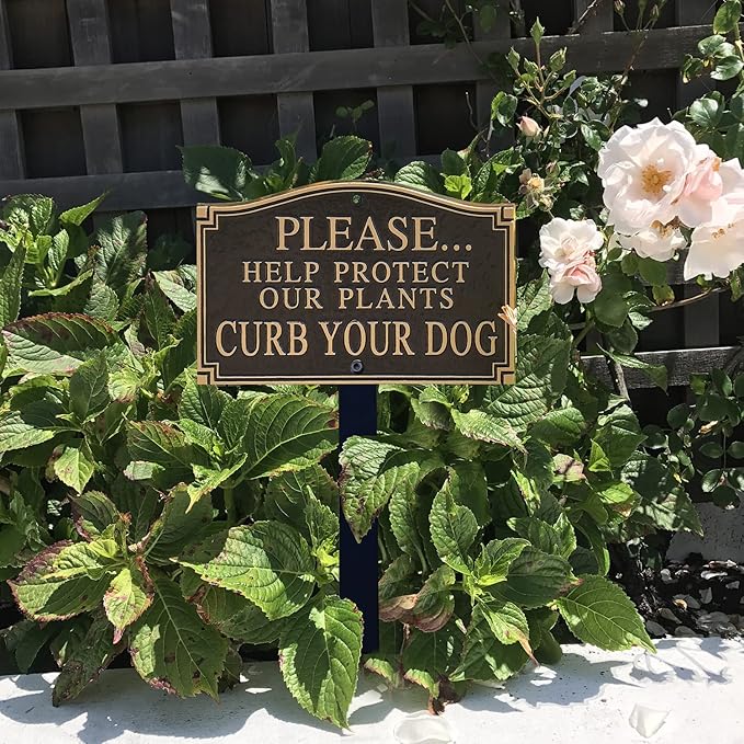 SmartSign 5.75 x 9.5 inch “Please Help Protect Plants - Curb Your Dog” GardenBoss Statement Plaque with 18 inch Lawn Stake, 375 mil Rustproof Aluminum, Black and Gold, Set of 1, Made in USA