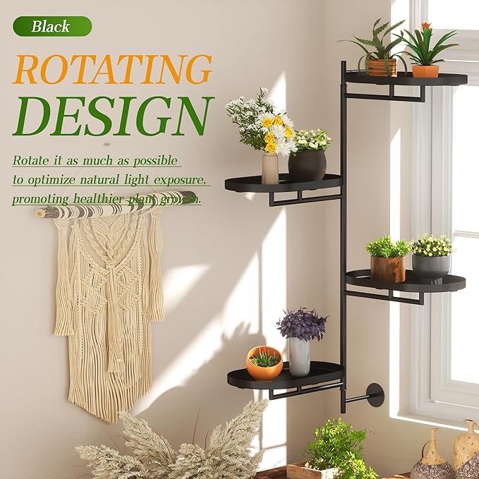 YQSLYSF Window Rotating Plant Stand Shelf Indoor Black Metal Floating Shelves 4-Tier Wall Mount Plant hanger Holders for Wall Planter Modern Home Decor window sill gifts