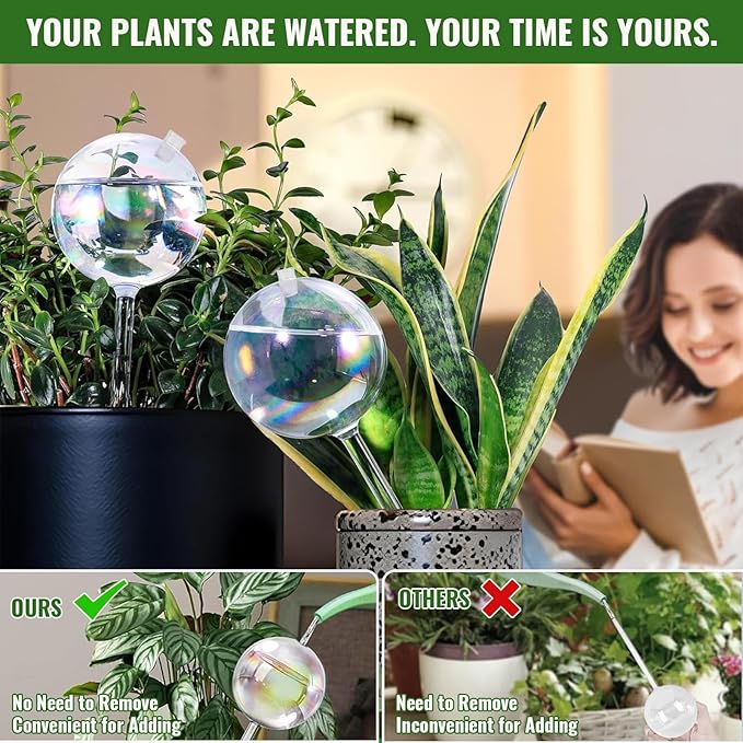20oz Total Glass Watering Globes (4 Pack, 5oz/150ml Each), Up to 7 Days Self-Watering Bulbs for Plants, Top-Fill Design with Rubber Stopper, Iridescent Glass Decor for Indoor Outdoor Pots