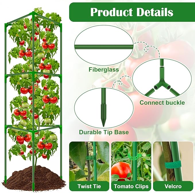 3 Packs Fiberglass Tomato Cages for Garden, 56 Inch Tall Tomato Plant Support, Adjustable Tomatoes Stakes Plant Climbing Trellis for Garden Vegetables Fruits, Tomatoes Support Cages with Clips