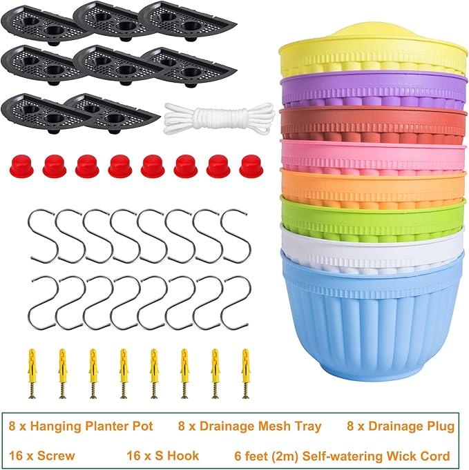 8 Pack Hanging Planters Wall Planters for Indoor Outdoor Plants, Colorful 8 inch Plant Pot with Drainage Hole, balcony planter railing hanging Pot, Plant Wall Mount Home Décor with Accessaries
