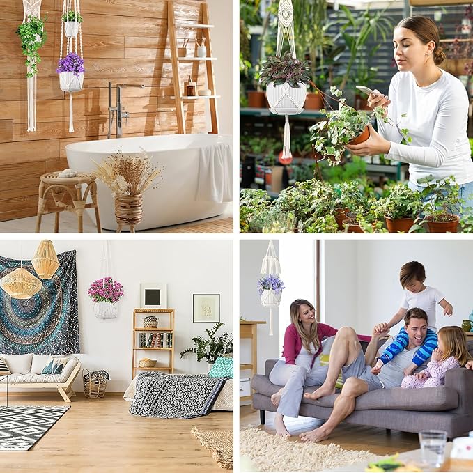 Macrame Plant Hangers 5Pack, Handmade Cotton Rope Hanging Planters for Indoor Plants w/ 5 Set Hooks Hanging Plant Holders Plant Hanger Indoor for Boho Home Decor (Ivory, Planter Pot Not Included)