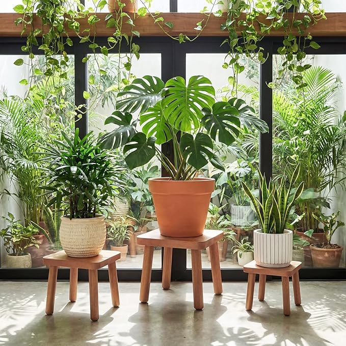 Pinkunn 3 Pcs Wood Plant Stand Indoor Plant Stand for 3-12 Inch Pots Mid-century Modern Plants Stool Plants Pot Holder Home Decor for Balcony Living Room Office Courtyard Detachable(Square Style)