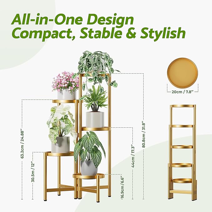 Gold Stand Plants, 5 Tiered Plant Stand Indoor for Multiple Large Planter, Tall Heavy Duty Adjustable Folding Rack with Rustproof 7.9 Inch Wide Tray, Plant Shelf for Corner - GoldDisk