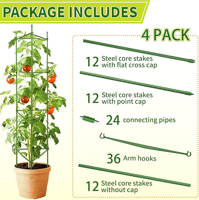 4 Pack 48 Inch Tomato Cages for Garden, Triangle Metal Plant Support with Rust-Resistant Coating, Heavy Duty Tomato Trellis for Raised Bed, Pots, Cucumbers, Peppers & Climbing Plants