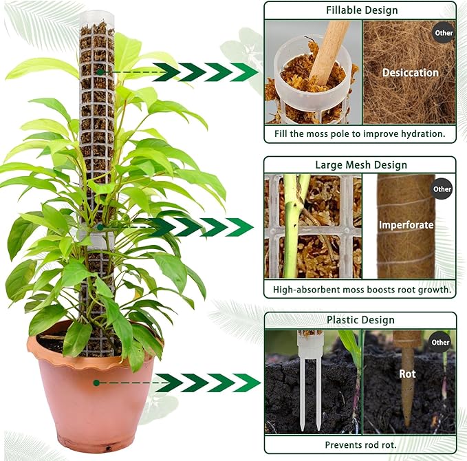 Small Moss Pole for Monstera - Stackable & Refillable Plastic Moss Poles for Climbing Plants with Large Mesh Design (2Pack-White-Small)