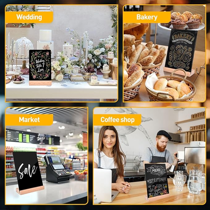 PINTUSON Mini Chalkboard Signs with Wooden Stand (4 Sets), 4x6 Acrylic Food Labels for Party Buffet, Double-Sided Erasable Table Numbers with 7 Chalks for Bakery Display & Wedding Catering