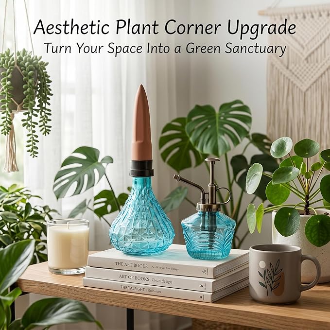 Glass Mini Watering Can & Self - Watering Globe Set - Flower Water Spray Bottle with Terracotta Spike, Perfect Plant Watering Gift for Indoor Outdoor Gardens