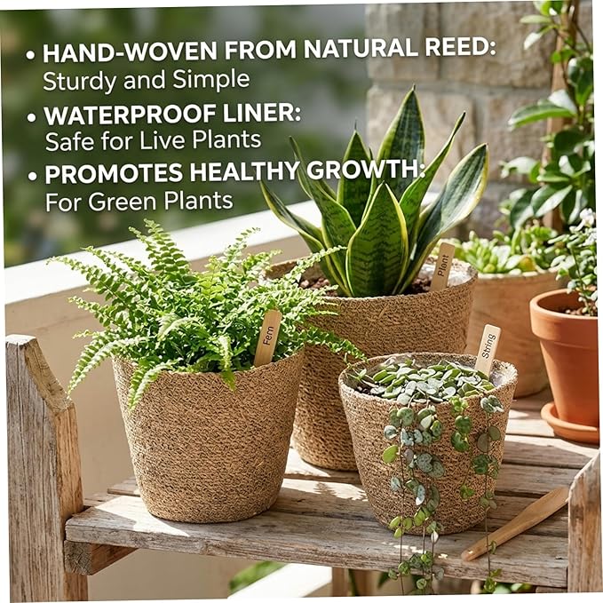 3PCS Woven Planter, Rustic Seagrass Baskets with Liners for Indoor Plants, Natural Rattan Plant Basket for Home Decor (3 Size), Set 1, Decoración del jardín
