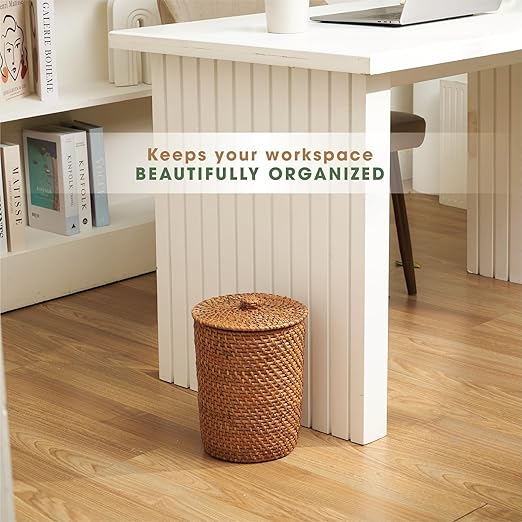84ECO Brown Wicker Trash Can with Lid and Liner - Rattan Trash Can