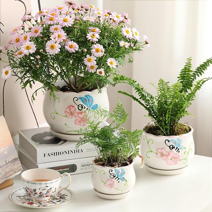 STHIE Ceramic Plant Pots with Drainage Holes and Saucers, Round Flower Pots for Indoor Plant, 4/5.2/6.6 Inches Flower Large Planters Set of 3