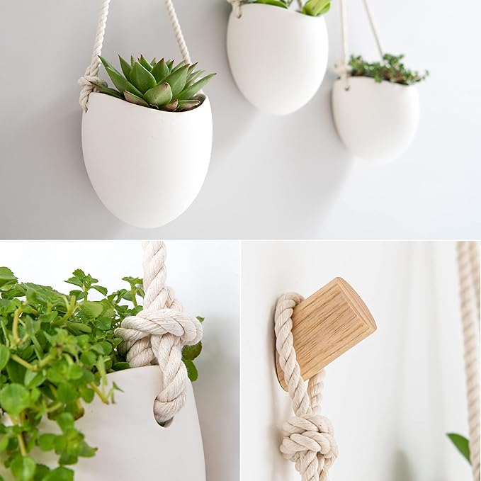Kazai. Porcelain Wall Vases | 3 Piece Set | Including Wooden Hooks | Matte White
