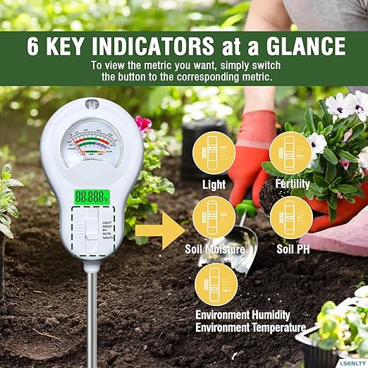 LSENLTY Soil Moisture Meter, 6-in-1 Soil pH Meter, Measures Temperature, Humidity, Light Intensity, nutrients, pH, and Ambient Humidity. Suitable for Horticulture, lawns, and Agriculture