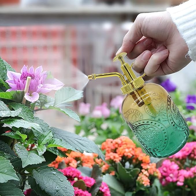Glass Plant Mister Spray Bottle, 350ML Vintage Plant Spritzer with Top Pump Watering Can for Indoor Outdoor House Plants,Flowers (Yellow-Green Gradient)