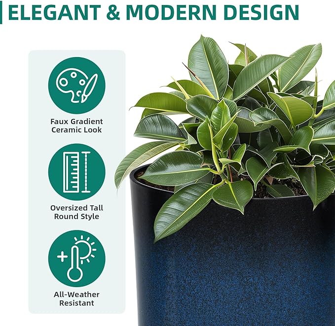 Autodaya 23.8" Large Tall Planters Set of 2 Plant Pot Plastic Flower Pots Outdoor Gradient Cobalt Blue Finish Front Porch Decor Pot Weather-Resistant & Lightweight for Garden, Patio, Deck, Indoor