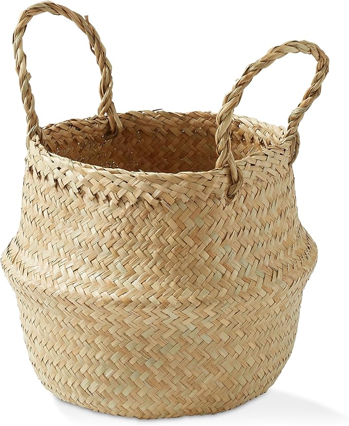 Casafield Seagrass Belly Storage Basket Planter with Handles - Small, Natural Woven Wicker Indoor Plant Pot Cover for Plants and Trees