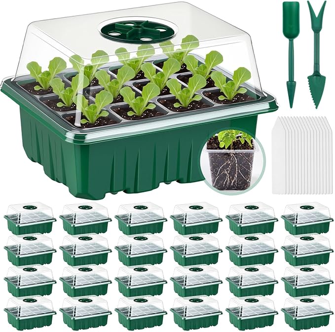 24 Pack Seed Starter Tray Seedling Kit with Adjustable Humidity Dome and Base Indoor Plant Germination Tray Mini Greenhouse Germination Kit Planter Starter for Plant Growing Starting