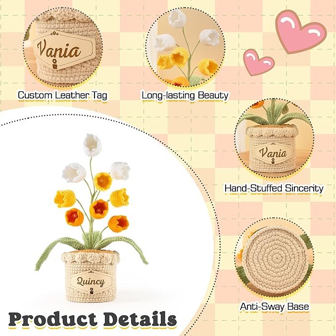 Crochet Flowers with Personalized Leather Name Tag Handmade Knitted Flowers for Home Office Desk Decor Crochet Lily of the Valley Flower Pot for Women,Teachers, Birthday Crochet Gifts(Yellow)