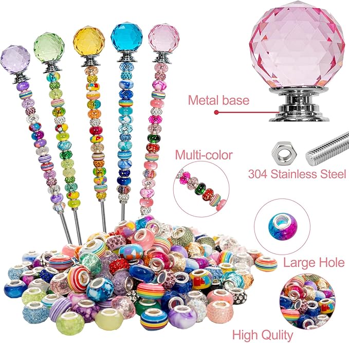 230 Pcs Beaded Garden Stakes Kit DIY Fairy Wands for Garden with 10 Colorful Crystal Stopper Top 200 Assortment Round Large Hole Bead for Outdoor Decor (10, Colorful Spherical)