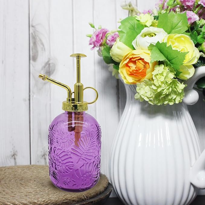 Glass Plant Mister Spray Bottle, 350ML Vintage Plant Spritzer, Succulent Watering Bottle Glass with Top Pump, Small Plants Sprayer Watering Can for Indoor (Purple)