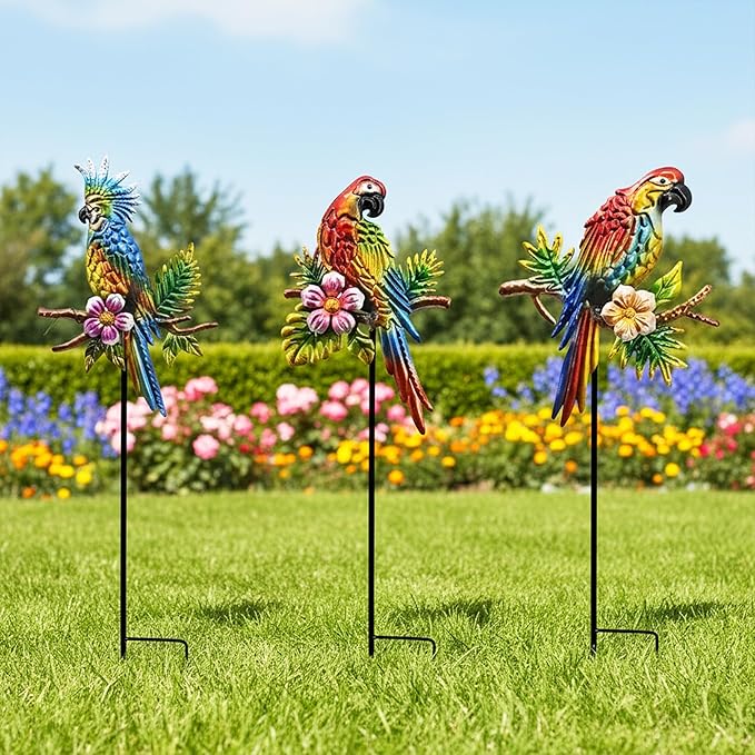 Tropical Parrot Garden Stakes, Metal Outdoor Decorative Lawn Ornaments with Flowers, 3 Pack Colorful Bird Yard Art Decor