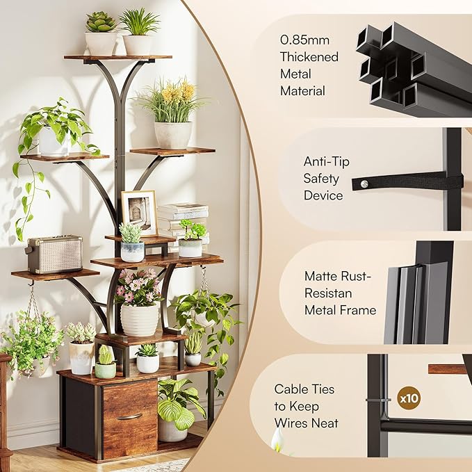 63" Plant Stand Indoor with Grow Lights, 10 Tiered Plant Shelf with Drawer, Corner Plant Stands for Indoor Plants, Metal Plant Flower Display Shelf, Tree-Shaped Plant Rack for Home, Black (2, Black)