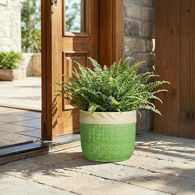 Ceramic Pots for Plants - 9.8 Inch Planter for Indoor Outdoor Plants, Ceramic Planter with Drainage Hole and Plug, Boho Decorative Flower Pot, Home Patio Decor, Plant Lover Gifts, Green