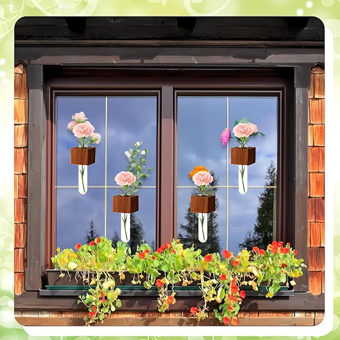 6PCS Mini Plant Propagation Station Set - Glass Test Tube Vases with Magnet and Adhesive Backed Wooden Holders for Window, Fridge, Wall, Office, Kitchen Decor, Home Plant Display