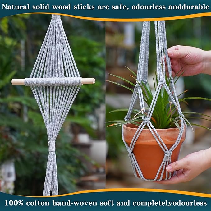 4 Pack Macrame Plant Hangers Indoor Up to 10 inch Pot, Boho Hanging Planters, Plant Holder with 8Pcs Stainless Steel Hooks (4Pcs Gray Hanger)