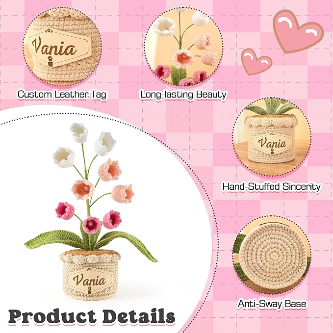 Crochet Flowers with Personalized Leather Name Tag Handmade Knitted Flowers for Home Office Desk Decor Crochet Lily of the Valley Flower Pot for Women,Teachers, Birthday Crochet Gifts(Pink)