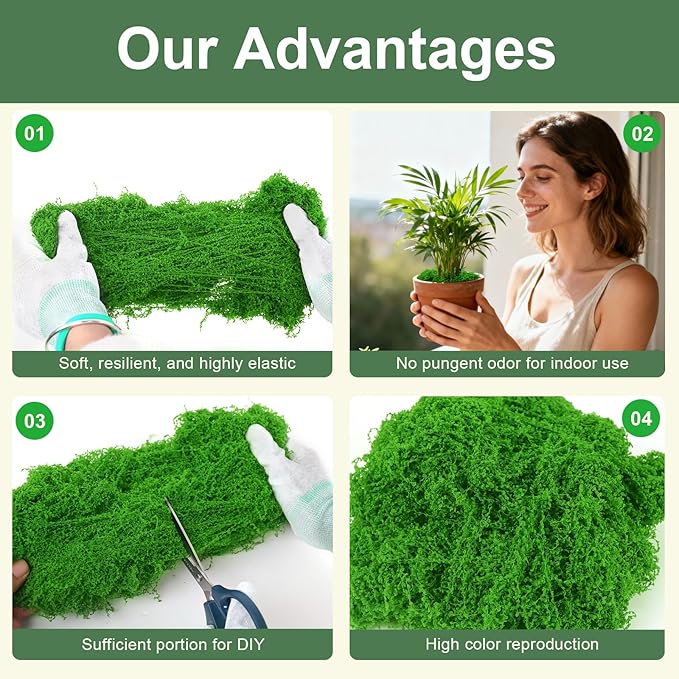 MGLIFEUL 1.5 LBS Artificial Fake Moss for Crafts Plants Indoor with Non-Stick Gloves and Tweezers，Preserved Green Plant Faux Craft Moss Musgo for Fairy Garden Outdoor Home Decorating Model Making
