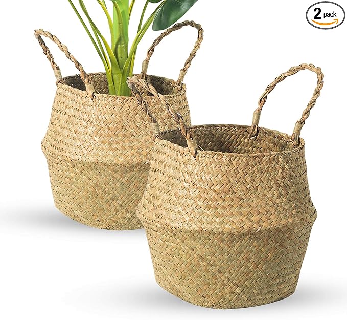 Seagrass Belly Basket, Set of 2 Woven Plant Pot Holder Handmade Home Decor for Storage Plants Picnic Grocery Large(12.6 x 11.02 inch)
