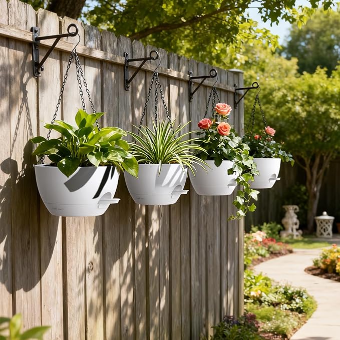 UOUZ 4 Pack 8 Inch Self Watering Hanging Planters for Indoor Outdoor Plants，Hanging Pots for Plants with Drainage Removable Tray, Hanging Baskets Flower Pots for Ivy Pothos Spider Garden Porch White