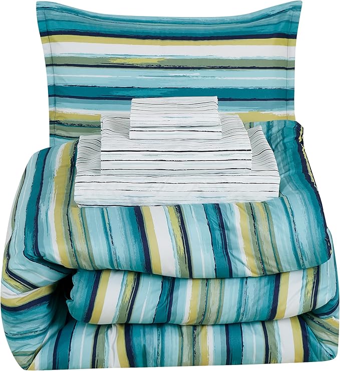 Chezmoi Collection Marvin 7-Piece Coastal Lodge Bed in a Bag Queen Comforter Set - Green Blue White Striped Printed Microfiber Bedding Set