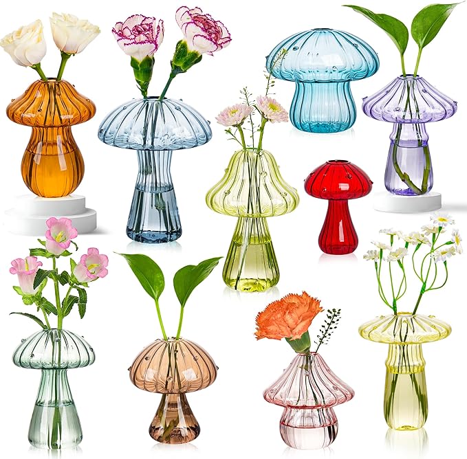 Plant Propagation Station, Set of 10 Colored Mushroom Vase, Glass Propagation Stations, Mini Terrarium for Plants, Unique Small Propagation Planter Cute Mushroom Decor Gifts for Women (10Pcs Colorful)