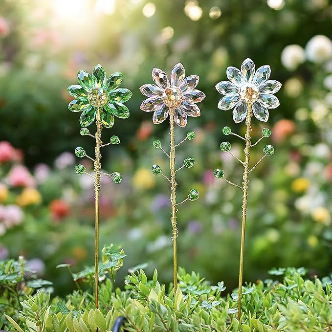 H&D HYALINE & DORA 3 Pcs Crystal Sunflower Suncatchers with 13'' Gold Trellis Metal Plant Stake for Indoor Outdoor Garden Potted Plants Decorations Plant Lover Gift(Clear, Green, Pink)