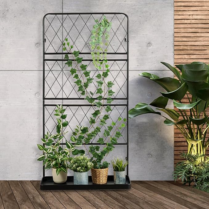 MyGift 4.5 ft Tall Garden Trellis Stand for Climbing Plants, Wall Mounted or Freestanding Black Metal Wire Diamond Lattice Plant Support Frame with Bottom Tray Planter Holder
