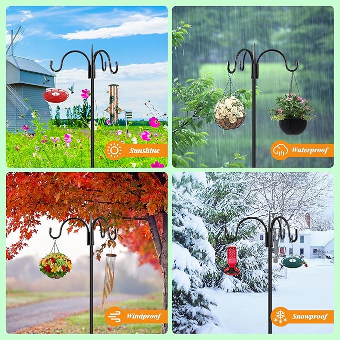 FEED GARDEN [Upgrade Version 92 Inch Three Shepherd Hooks for Outdoor,Bird Feeder Pole with 5 Prong Base, Adjustable Shepard Hooks for Hanging Plant, Solar Lanterns, Wind Chimes, 1 Pack