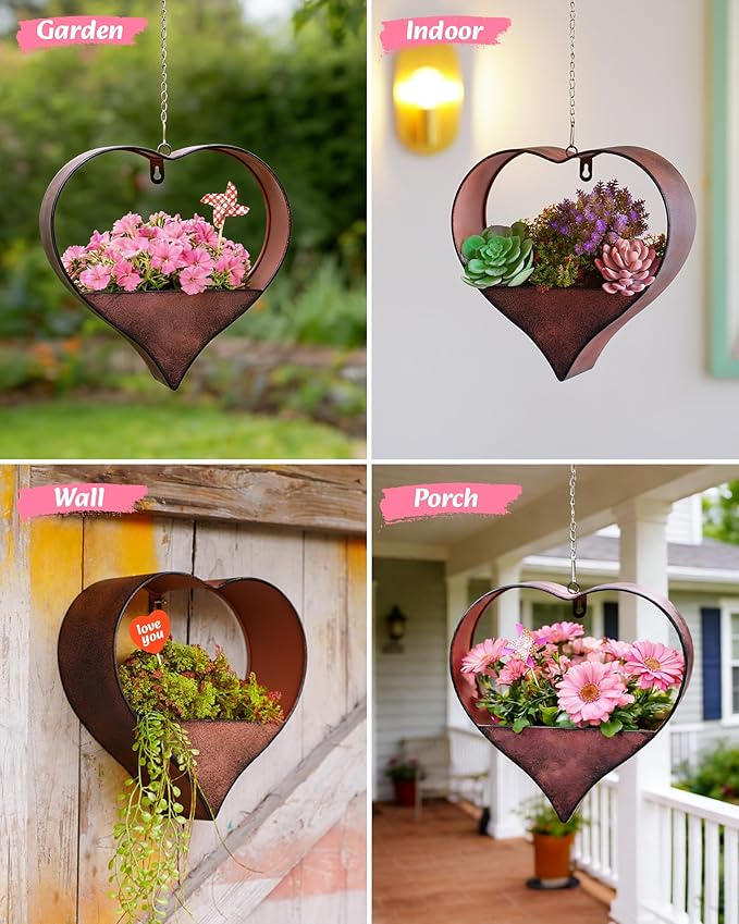 Metal Plant Hangers Indoor and Outdoor: Easter Gifts for Mom Women Her Wife Garden Lovers Birthday - Heart Shape Hanging Planters for Window Wall Living Room Office Decor(Rustic)